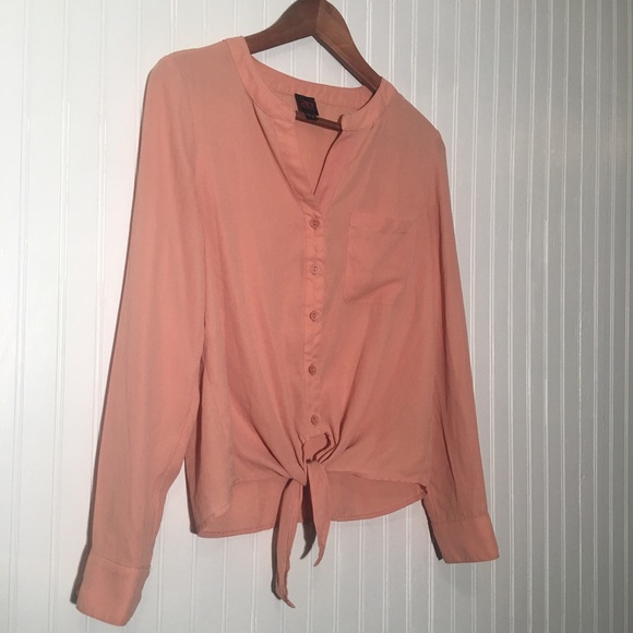 Y2K 2B Bebe Sheer Peach Coral Button Tie Blouse small Top Shirt pink - Picture 3 of 4